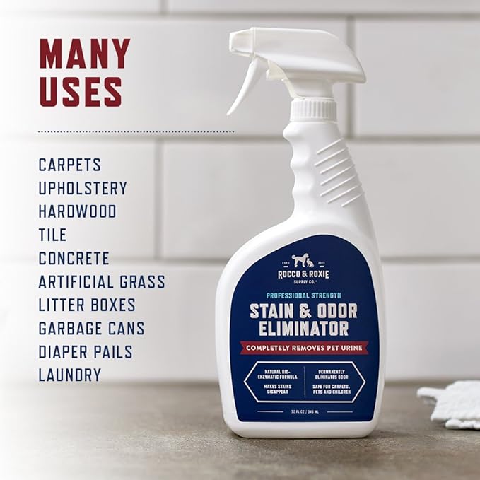 Rocco & Roxie Stain & Odor Eliminator for Strong Odor, 32oz Enzyme Pet Odor Eliminator for Home, Carpet Stain Remover for Cats & Dog Pee, Enzymatic Cat Urine Destroyer, Carpet Cleaner Spray