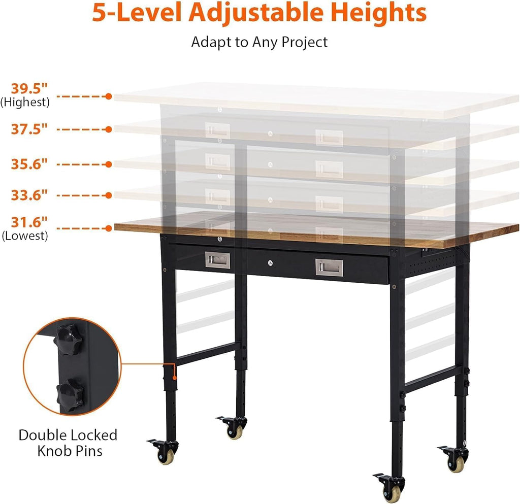 60-Inch Garage Workbench with Wheels, Adjustable Rubber Wood Top Garage Workbench with Pegboard & Drawer & Power Outlet, 2000 lbs Load Capacity, for Workshop, Woodworking, Office