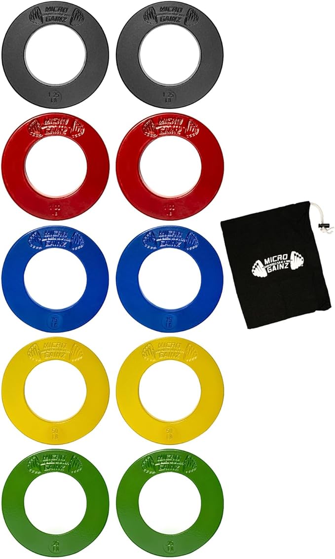 Micro Gainz Olympic Fractional Weight Plates Set, 10 Piece Olympic Weight Plates Set with Bag, Designed for Olympic Barbells for Strength Training and Micro Loading, Made in USA