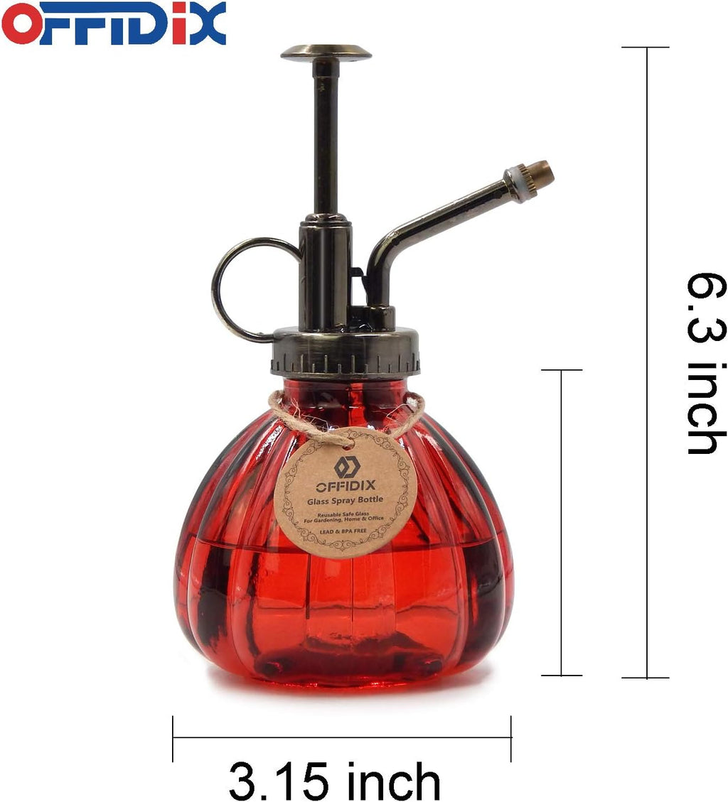 OFFIDIX Plant Glass Spray Bottle,Flower Mister Indoor Plant Watering Can Pot 6.3" Tall Vintage Pumpkin Style with Bronze Plastic Top Pump One Hand Small Watering Cans for House Plants(Red)