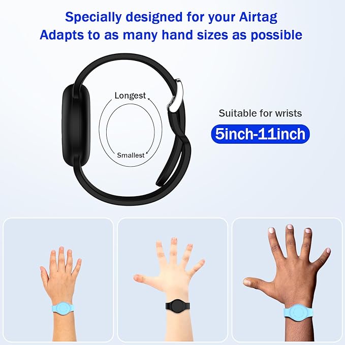 R-fun Portable Electronic Device Cover for Kids, Waterproof Airtag Bracelets [2 Pack] - Soft Silicone, Anti-Lost GPS Item Finders Case Cover, Black/Glow Blue