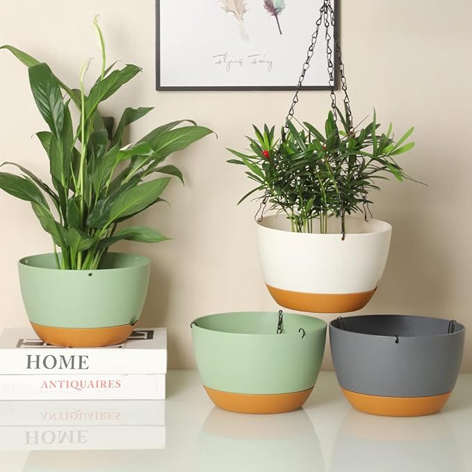 2 Pack Plastic Hanging Planters Set ,8.3 Inch Hanging Flower Plant Pot with Drainage Hole for Indoor Outdoor Plants, Round Hanging Basket with Removable Tray for Home Garden Porch Balcony Patio Decor