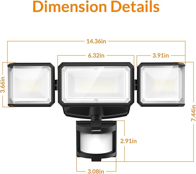 LEPOWER Battery Powered LED Flood Light Outdoor,1500LM Motion Sensor Security Lights, IP65 Waterproof,Wireless Flood Light Battery Operated,3 Head Motion Detector Light for Garage,Yard,Porch(Black)