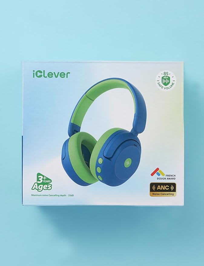 iClever BTH20 Active Noise Cancelling Headphones for Kids, 60H Play Time,Type C Fast Charging, Safe Volume 80dBA, Bluetooth5.4, Award-Winning Kids Headphones Wireless for iPad Tablet Airplane, Blue
