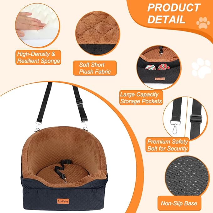 Vivifying Dog Car Seat for Small & Medium Dogs, Detachable & Washable Booster Seat for Pets Up to 30lbs, Travel Bed with Storage Pockets and Safety Belt – Brown&Black