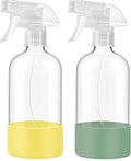 JohnBee Glass Spray Bottles with Silicone Sleeve, 2 Pack16 oz Empty Refillable Containers with Adjustable Nozzles, Spray Bottles for Hair, Cleaning Solutions and Plants, Olive Green&Yellow
