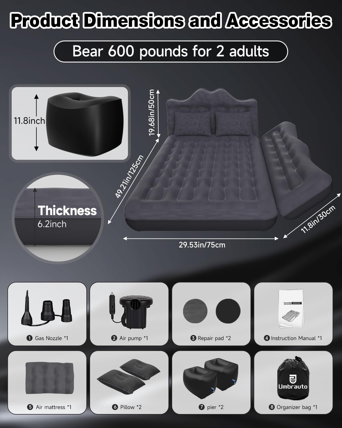 Umbrauto 29.53in/75cm Wide Car Air Mattress Inflatable SUV, Truck & Van Back Seat Camping Bed with Pump & Pillows,Black