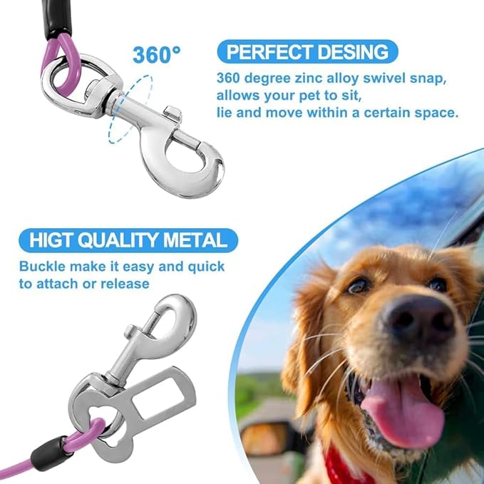 Dog Seat Belt Harness for Car,Dog Seatbelt of Coated Wire Leash Safety Restraint,No Chew Tether Cable Vehicle,Double Clips & Latch(Purple, 32 inch/80 CM)