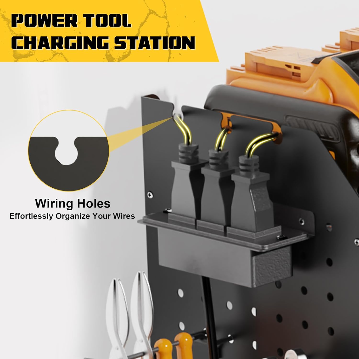 Power Tool Organizer Wall Mount with Charging Station, Expanded Width Power Tool Storage Rack, Large Tool Battery Organizer with Screwdriver/Hammer Heavy Duty Garage Storage