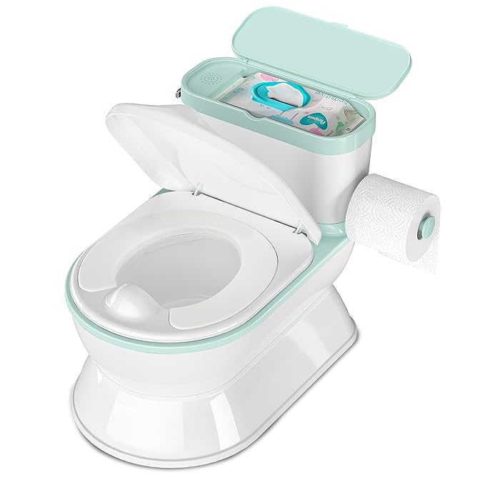 2-in-1 Toddler Potty Training Toilet - Larger Potty Chair & Detachable Training Seat for Boys & Girls Ages 1-3 with Flushing Sound, Wipes Storage, Toilet Paper Holder - Cyan