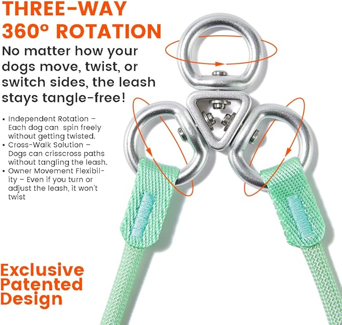 Howgo Double Slip Leash Slip Lead | Dual Dog Lead for 2 Dogs,360° Swivel No Tangle | Dog Training Nylon Leash and Collar | Double Clip Coupler and Splitter | Lightweight Aluminum (Multicolor, 3FT)