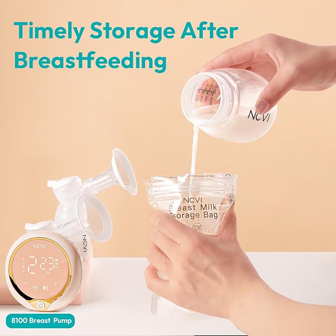 NCVI 25 Count Breastmilk Storage Bags Freezer for Baby, Breast Milk Feeding Bag with Temp-Sensing, Doubled-Sealed, Self Standing, Easy Pour Spout, BPA-Free, 7oz