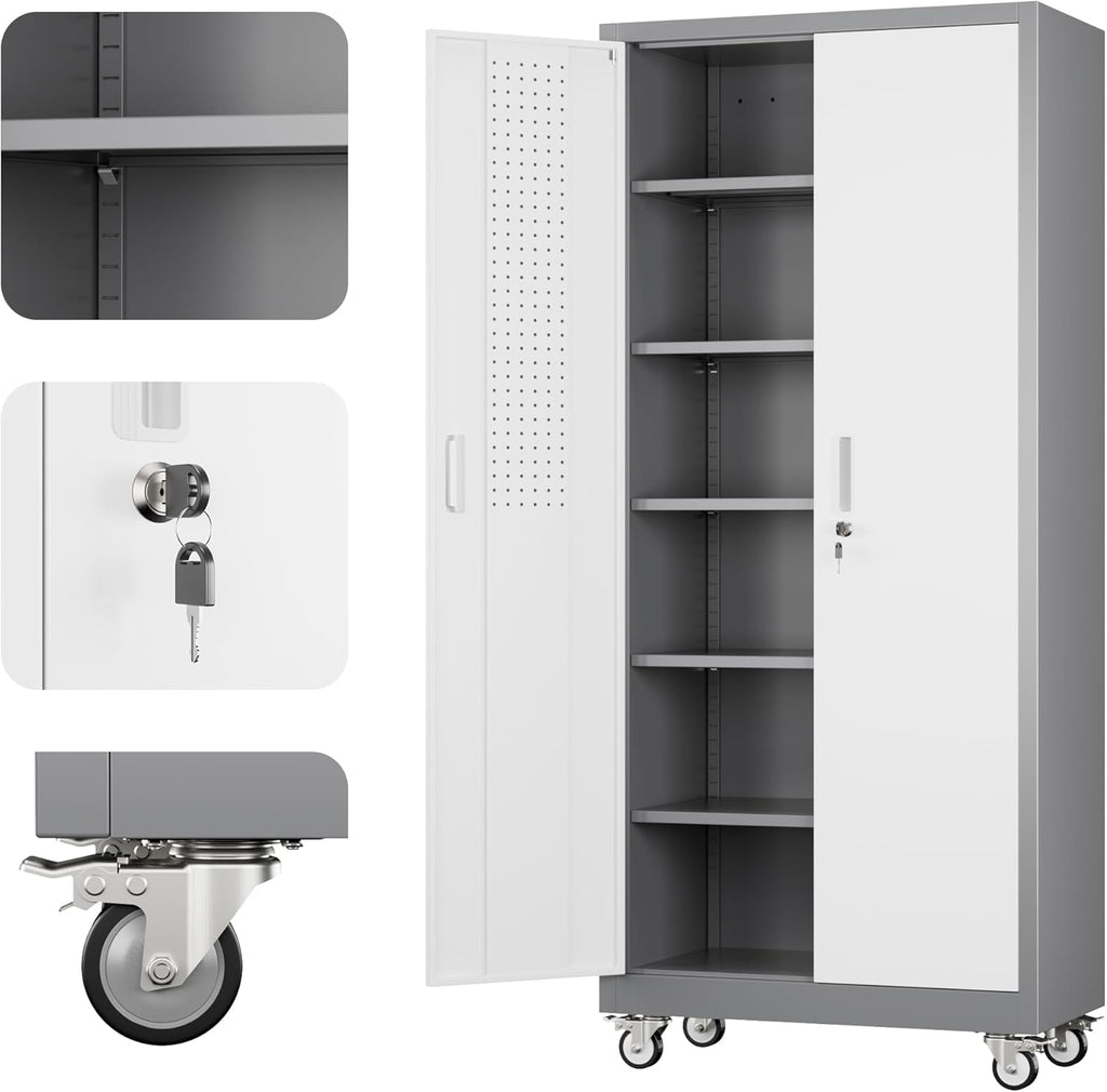 Metal Garage Storage Cabinet with Wheels & Pegboard, Lockable Metal Storage Cabinets with 2 Doors&5 Adjustable Shelves for Garage&Home,Assembly Required,Gray White 71''H x32''W x16''D