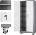Metal Garage Storage Cabinet with Wheels & Pegboard, Lockable Metal Storage Cabinets with 2 Doors&5 Adjustable Shelves for Garage&Home,Assembly Required,Gray White 71''H x32''W x16''D