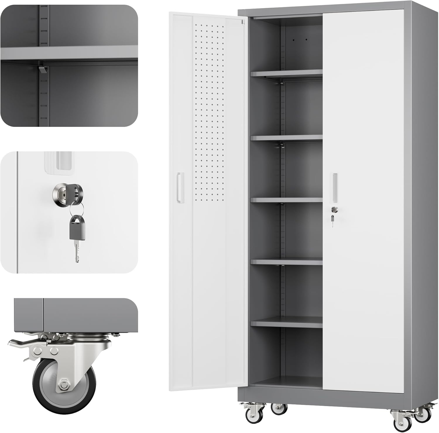 Metal Garage Storage Cabinet with Wheels & Pegboard, Lockable Metal Storage Cabinets with 2 Doors&5 Adjustable Shelves for Garage&Home,Assembly Required,Gray White 71''H x32''W x16''D