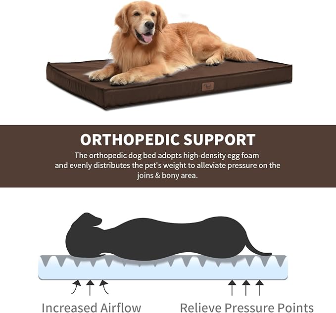 Outdoor Dog Bed for Medium Dogs, Waterproof Dog Crate Bed for Puppy Beds, Orthopedic Egg Crate Foam Pet Bed with Washable and Removable Oxford Cover, Brown