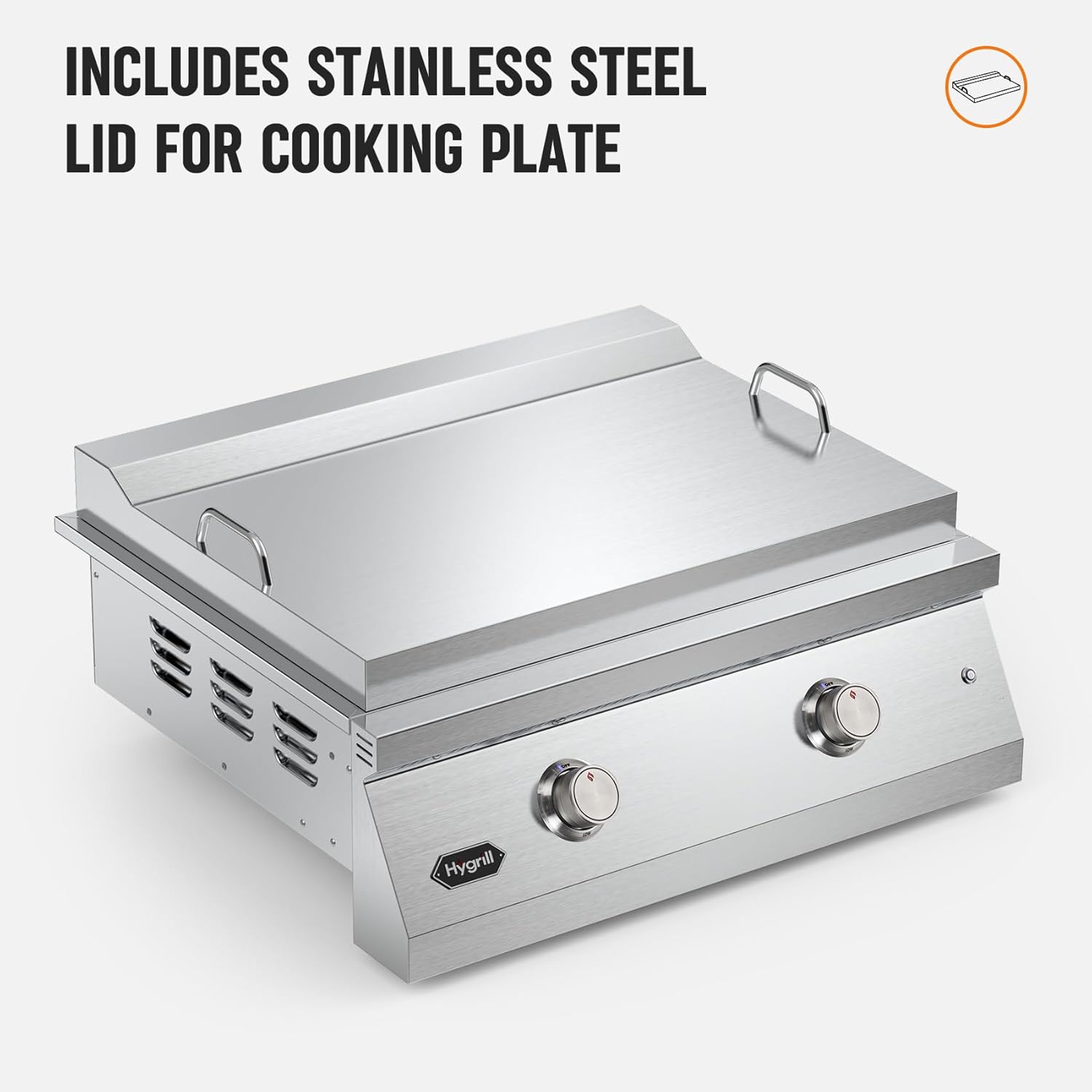 Hygrill 30-Inch Premium Built-In Liquid Propane Griddle for Outdoor Kitchen, Durable Stainless Steel 2-Burner Flat Top Grill with Lid and LED lights, 36000 BTUs