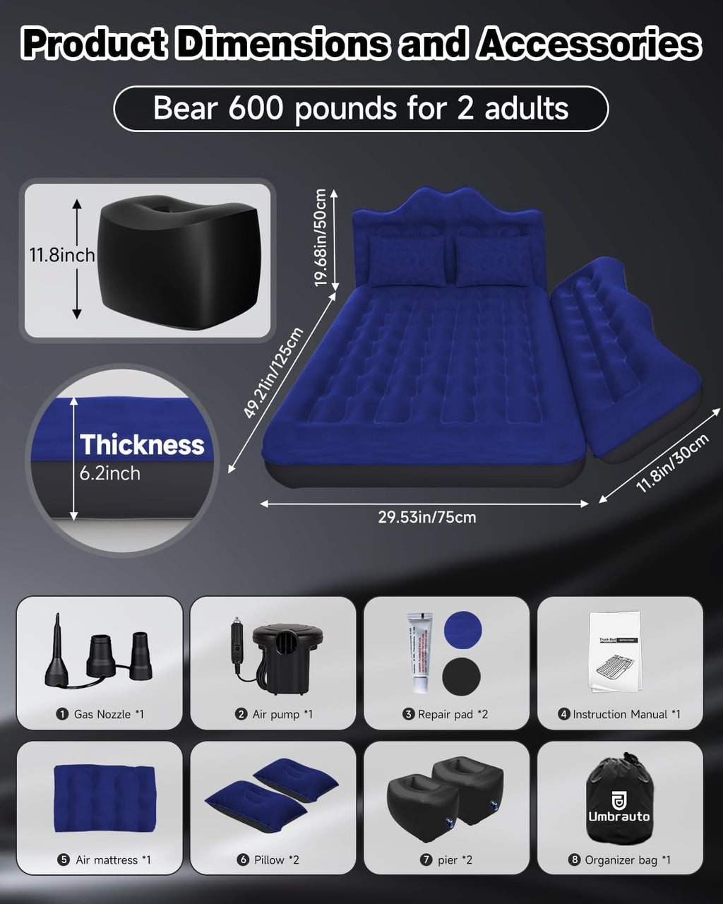 Umbrauto 29.53in/75cm Wide Car Air Mattress Inflatable SUV, Truck & Van Back Seat Camping Bed with Pump & Pillows, Navy