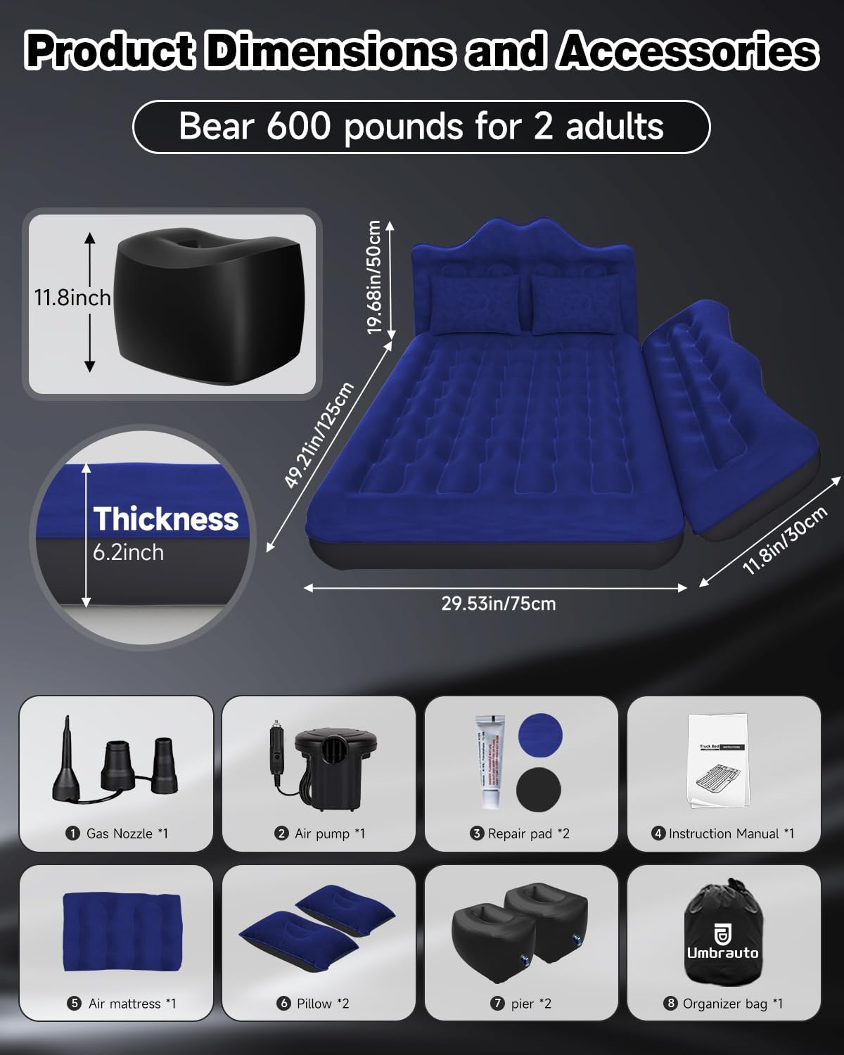 Umbrauto 29.53in/75cm Wide Car Air Mattress Inflatable SUV, Truck & Van Back Seat Camping Bed with Pump & Pillows, Navy