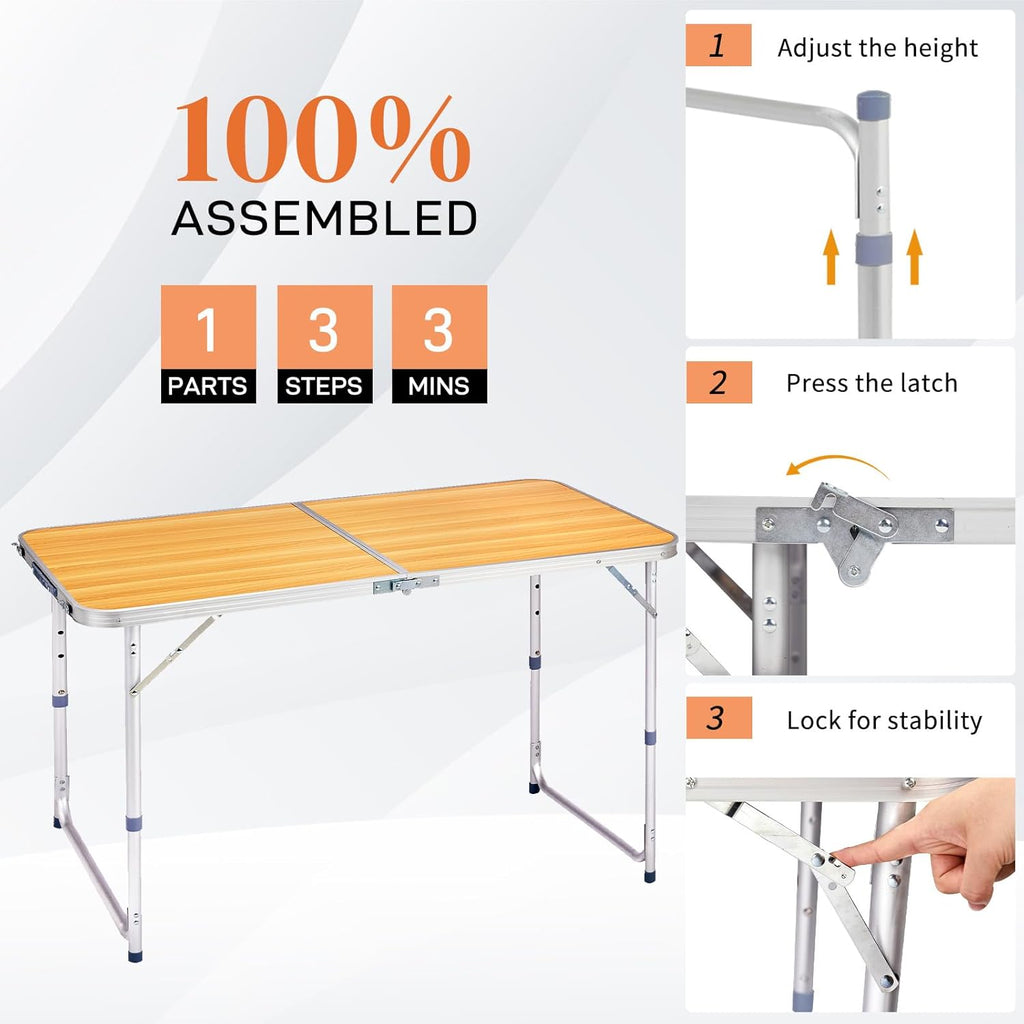 Outvita 4ft Portable Folding Camping Table, Outdoor Waterproof Adjustable Height Table, Aluminum Lightweight Suitcase Foldable Table for Picnic BBQ Beach Dining