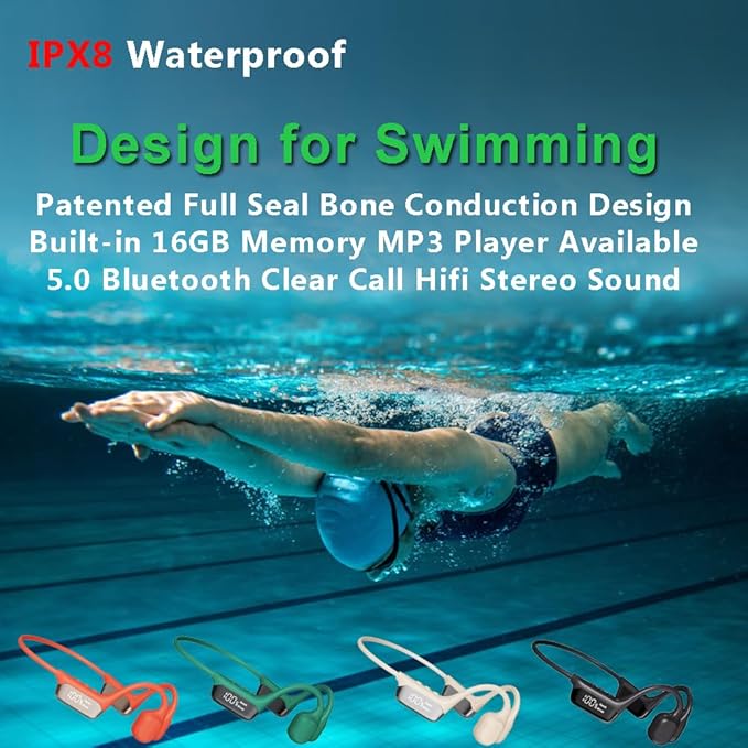 IHAO Swimming Headphones True Bone Conduction Open Ear Headset MP3 Player Built-in 32G Memory IP68 Underwater Waterproof Stereo Bluetooth Earphone for Driving Bicycling Running Skiing-Red