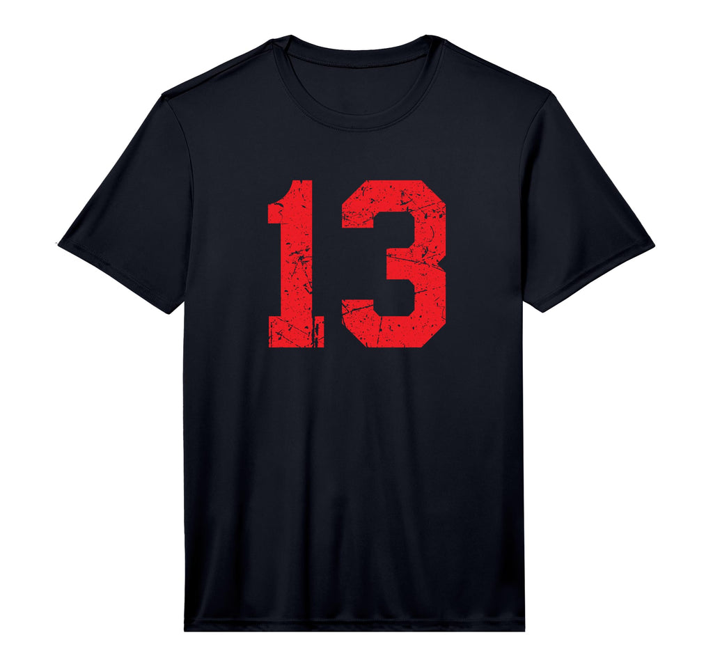 Number 13 Red Distressed Varsity Number T-Shirt - Trendy Graphic Men Women