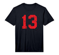 Number 13 Red Distressed Varsity Number T-Shirt - Trendy Graphic Men Women