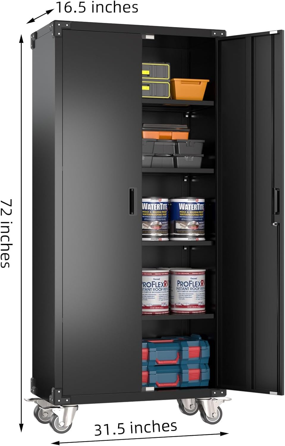 72" H Metal Storage Cabinet with 2 Doors and 4 Adjustable Shelves, Garage Storage Cabinet with Wheels for Garage Home, Required-Assembly,Black