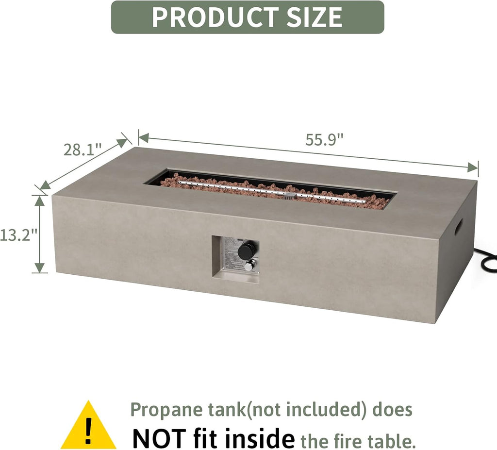 COSIEST 56-inch x 28-inch Outdoor Propane Fire Pit Coffee Table w Concrete Rectangle Base, CSA Certified, 50,000 BTU, Free Lava Rocks and RainCover, Fits 20lb Tank Outside(Gray)