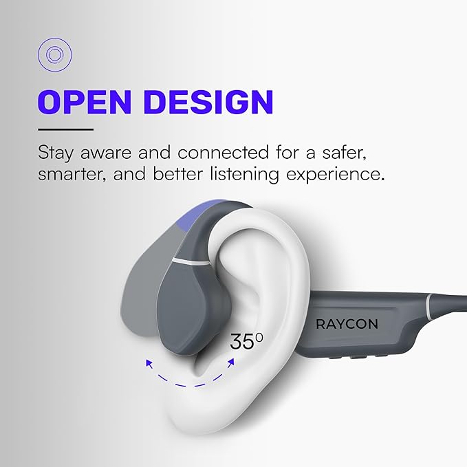 Raycon Bone Conduction Headphones, Open-Ear Bluetooth Sports Earbuds with Mic, IP68 Water Resistant Headset for Workout and Running, 13hr Playtime (Gray)