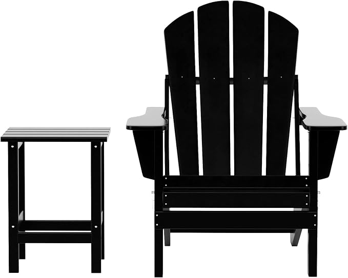 WO Home Furniture Adirondack Chair Table Set of 2 PCS Outdoor Folding Chair w Side Table Weather/UV Resistant for Lawn, Garden, Bon Fire, Balcony (Black)