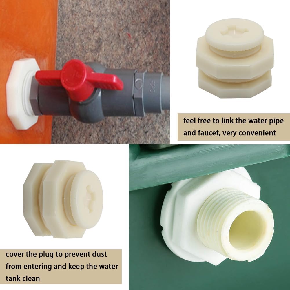 1/2 Female ABS Bulkhead Fitting, Plastic Water Tank Connector Adapter Fitting with Plugs for Outdoor rain Barrel Garden Hose Adapter Spigot kit Water Tank Gallon Drain Bucket(Set of 4)