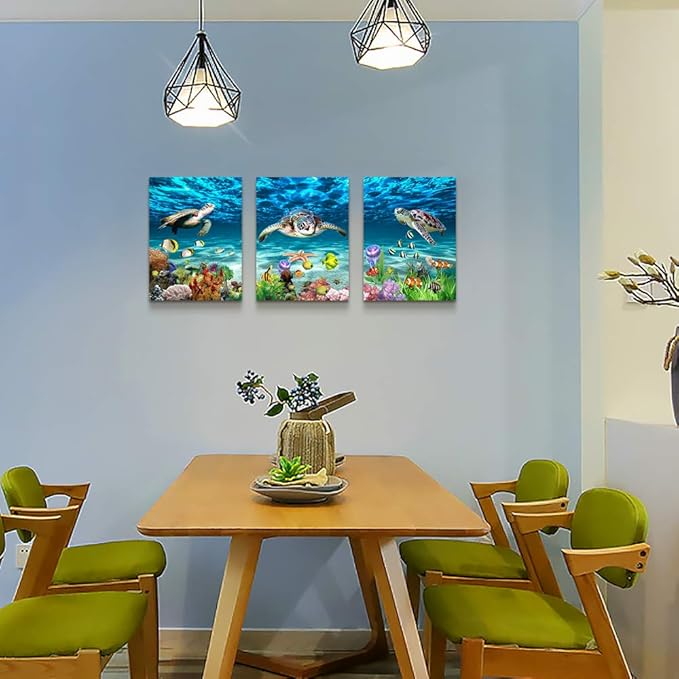 AHUASJART Canvas Wall Art for Living Room family Wall decor for Bedroom Bathroom Wall Decoration blue Ocean Sea Turtle Paintings Modern shark Pictures Artwork office Ready to Hang 12" x 16" 3 Piece