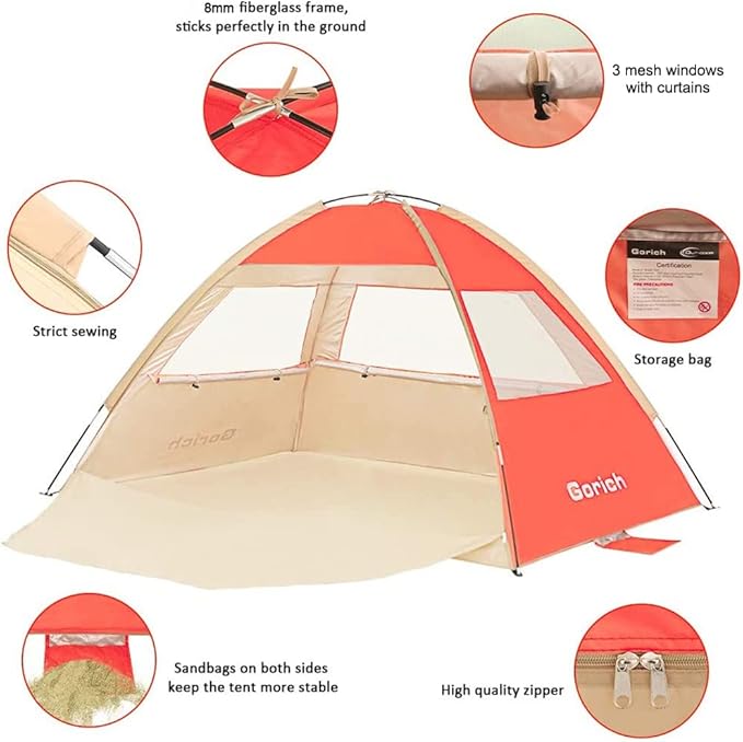 Gorich Beach Tent Sun Shelter for 3/4-5/6-7/8-10 Person with UPF 50＋ UV Protection, Lightweight & Easy Setup Beach Shade Canopy, Portable Beach Shade Tent Beach Cabana