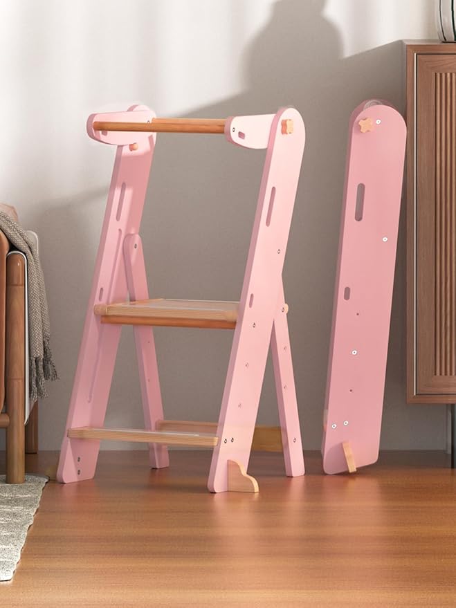 GROWNSY Foldable Step Stool Toddler Tower, Toddler Kitchen Stool Helper, Collapsible Kids Standing Learning Tower with 3 Adjustable Heights and Safety Net for Kitchen Bathroom Sink Counter (Pink)