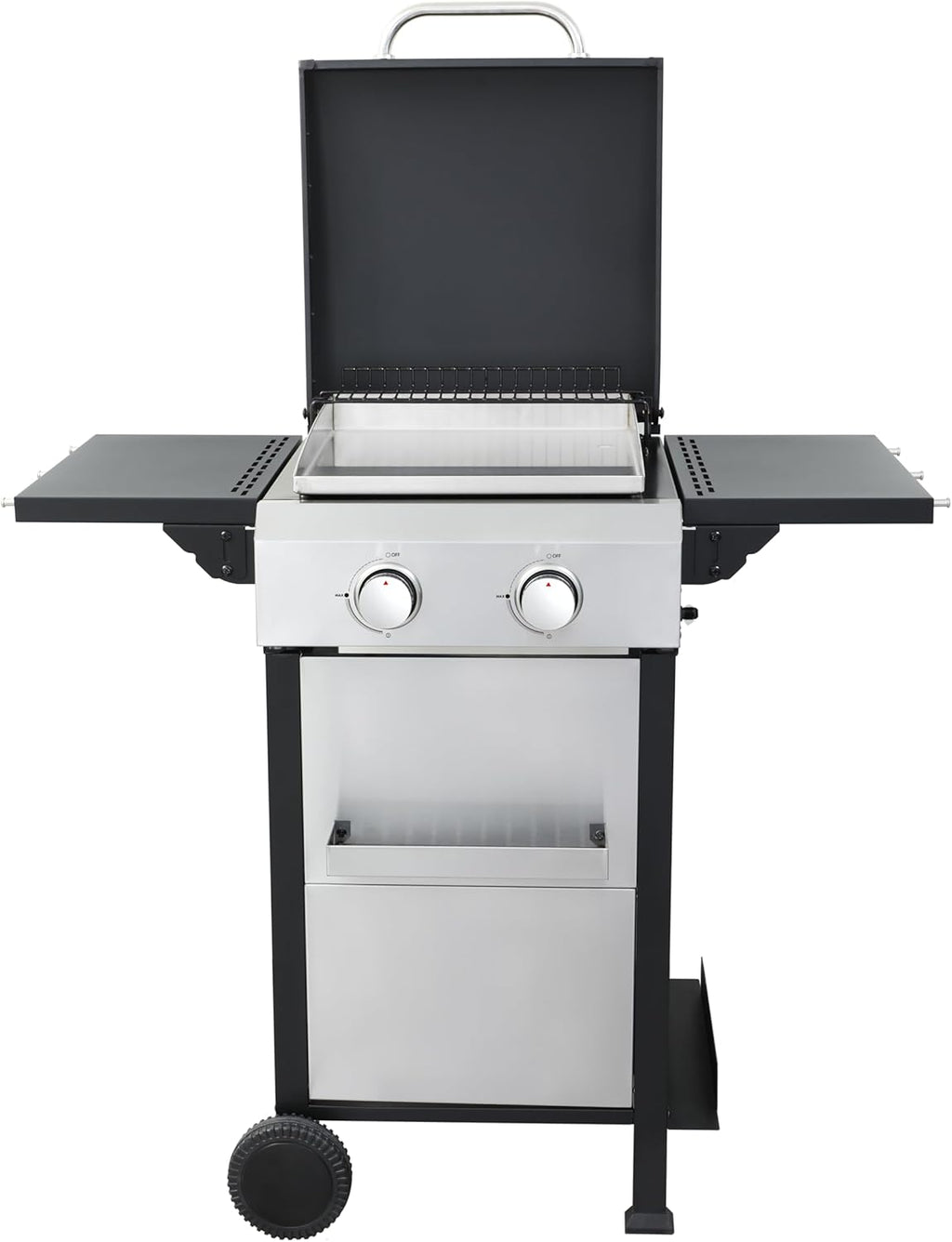 2-Burner Propane Gas BBQ Grill with SS Plancha, 24,600 BTU Output, Wire Enamel Cooking Grids, Foldable Side Table and Hanging Basket, Compact Stainless Steel Grill