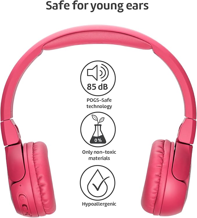 POGS Kids Bluetooth Wireless Headphones | The Gecko 2 | Foldable, Durable Headphones for Kids 3+ | Volume Limited 85 dB, Microphone | On-Ear | Wireless Music-Sharing Function (rPink)