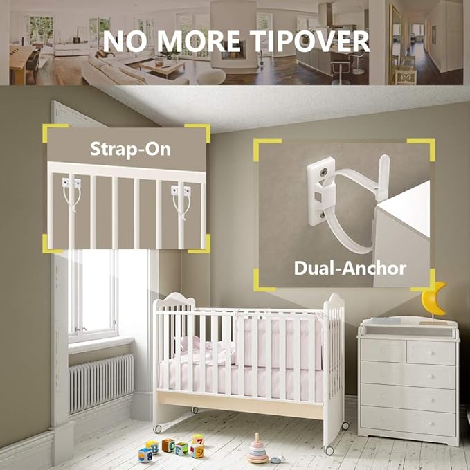 4our Kiddies Furniture Straps (6 Pack) Baby Proofing Anti Tip Furniture Anchors Kit, Cabinet Wall Anchors Protect Toddlers from Falling Furniture, Adjustable Child Safety Straps Earthquake Resistant
