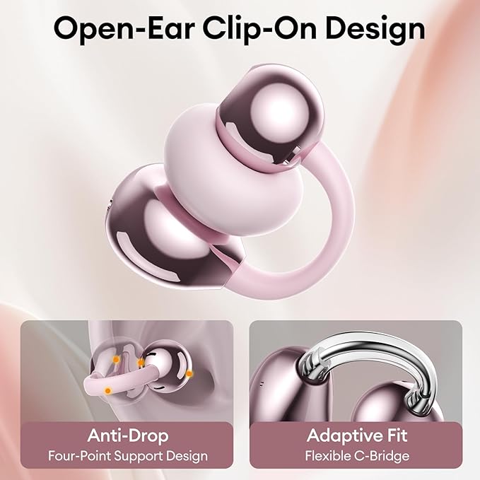 PAXA Stylish Open Ear Clip On Earbuds with Removable Diamond Earring, Clip On Headphones with LCD Touch Screen, Fashionables Open Ear Headphones for Women, Diamond Earring Rose Gold Earbuds