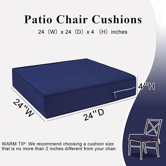 Outdoor Chair Cushions Set of 2 for Patio Furniture 24x24x4 Inch Waterproof Patio Chair Cushion 3 Year Color Fastness Square Elastic Foam Garden Sofa Couch Pads with Ties and Handle,Blue