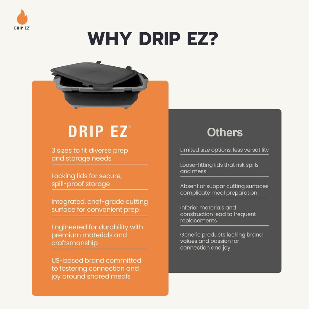 Drip EZ Collapsible BBQ Prep Tubs 3-Piece Set- For Meal Prep Marinating Food Storage - Includes Cutting Board & Lid - (1) JR - Black + (1) OG - Orange + (1) XL - Black