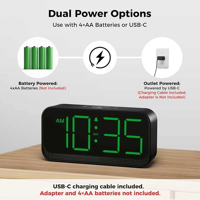 Battery Operated Digital Clock: Cordless Small Alarm Clock for Bedroom Travel - Large Numbers 4 Dimmers for All Ages Green Digits