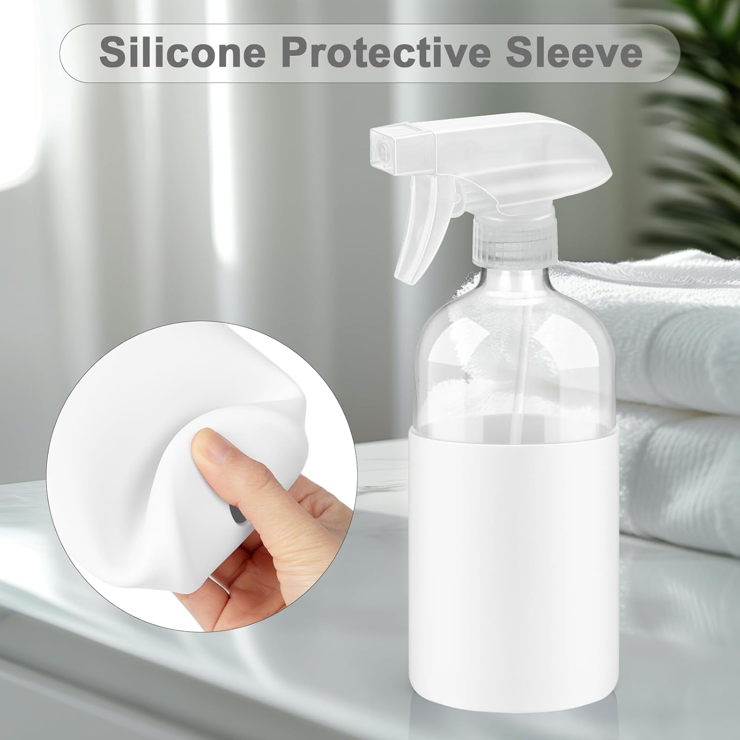 2 Pack Glass Spray Bottles with Silicone Sleeve, 16 oz Empty Refillable Containers with Adjustable Spray Nozzles, Spray Bottles for Hair, Cleaning Solutions and Plants Black&White