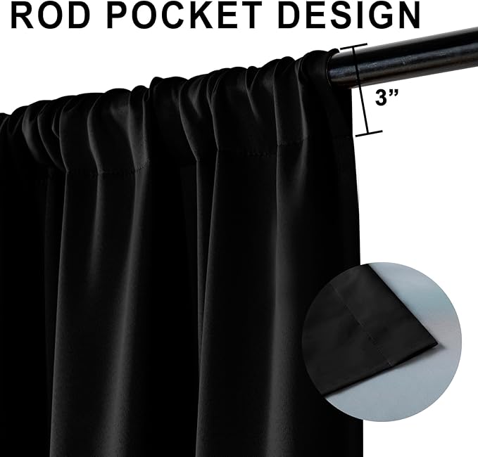 XWZO Complete Blackout Window Curtain Panels with Tiebacks- Noise Reduction and Light Blocking Rod Pocket Curtains with Black Liner for Studio, Basement Room, Black, W42 x L72, Set of 2