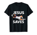 Jesus Saves Tees Funny Soccer Tees T-Shirt - Minimalist Print for Adults