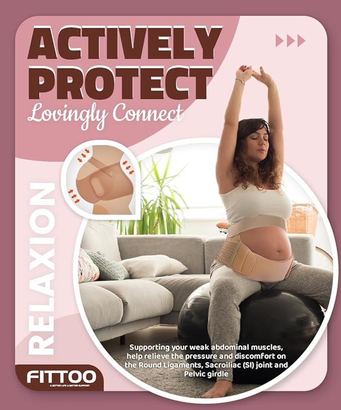 FITTOO Maternity Belt Back Support Belly Band Pregnancy Belt Support Brace Abdominal Binder Waist Support Beige X-Large