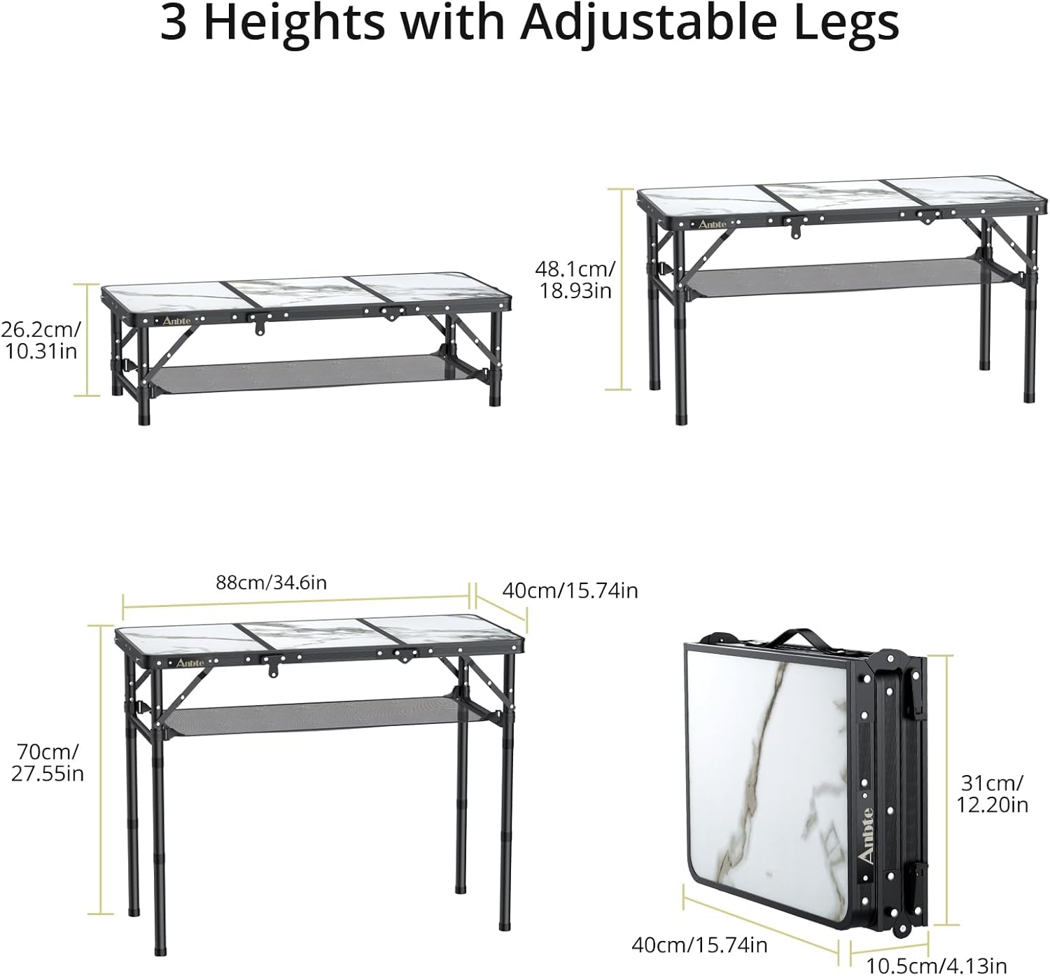 Folding Camping Table, Aluminum Small Folding Table 3 Adjustable Height Max 27.5", Portable Table with Carry Handle, Lightweight, for Outdoor Indoor Travel Camping Picnic BBQ, 34.6" x 15.7"