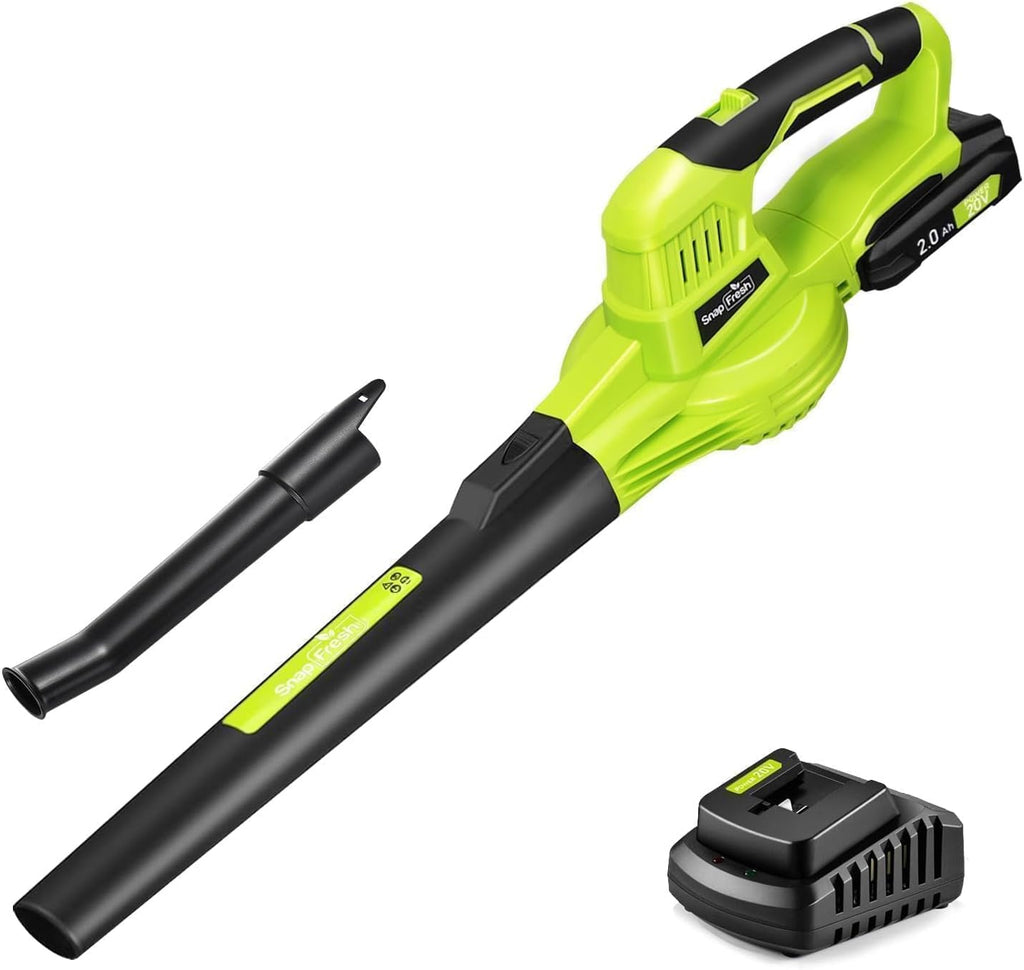 SnapFresh Cordless Leaf Blower - 20V Electric Leaf Blower with 2.0 Ah Battery and Charger - Lightweight 2-Speed Leaf Blower for Lawn Care and Yard/Garden/Patio Cleaning