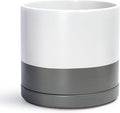 D'vine Dev 14 Inch Ceramic Planter Pot with Drainage Hole and Saucer, Indoor Cylinder Round Planter Pot, White/Speckled Grey, 94-O-G-6