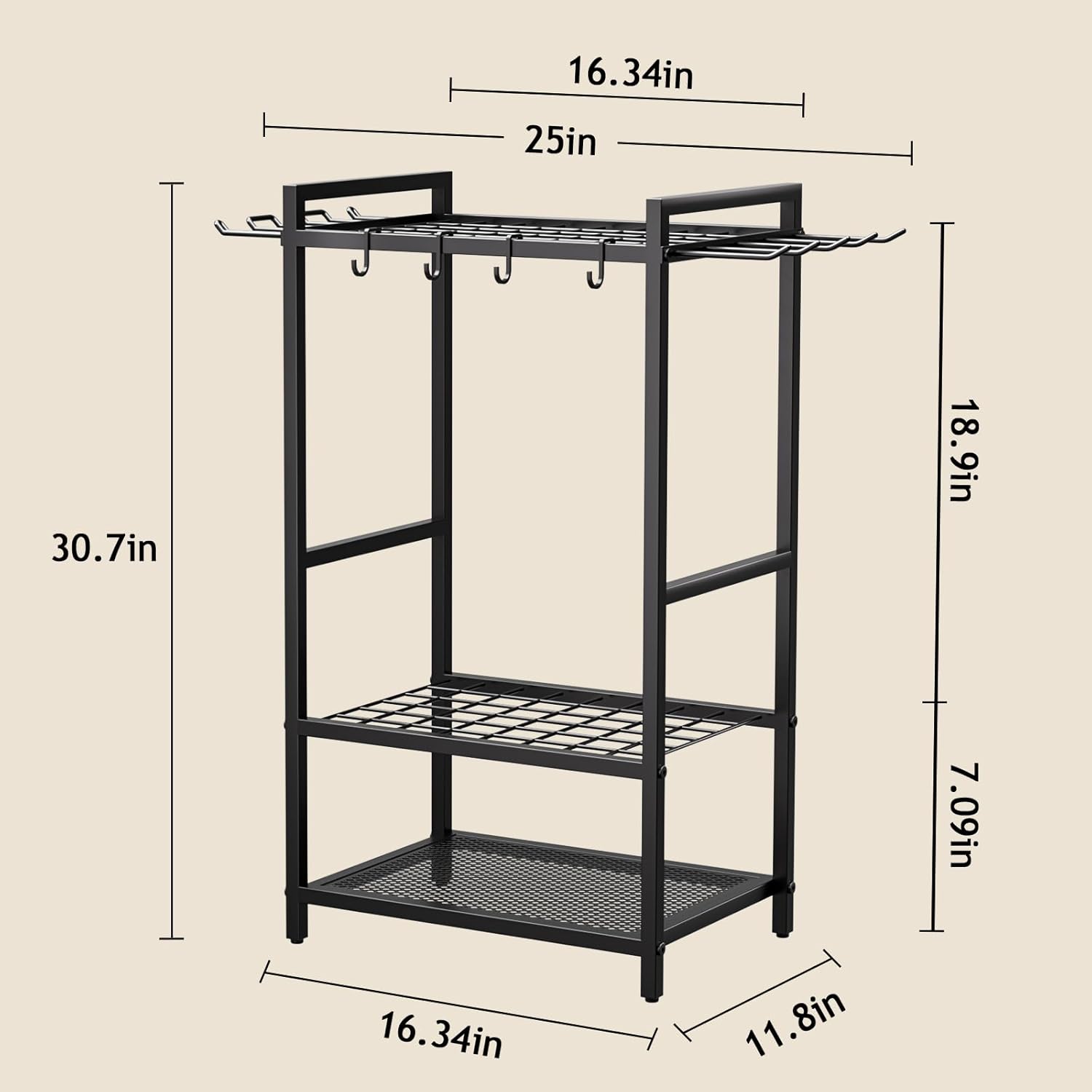 Garden Garage Tool Organizer - Yard Tool Organizer for Garage with 4 Hooks, Heavy duty Steel Garden Tool Rack Holds up to 48 Long Handled Yard tools for Storage